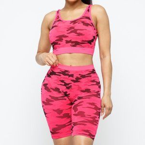 Neon Pink Camo Crop Top & Biker Short 2 Piece Set